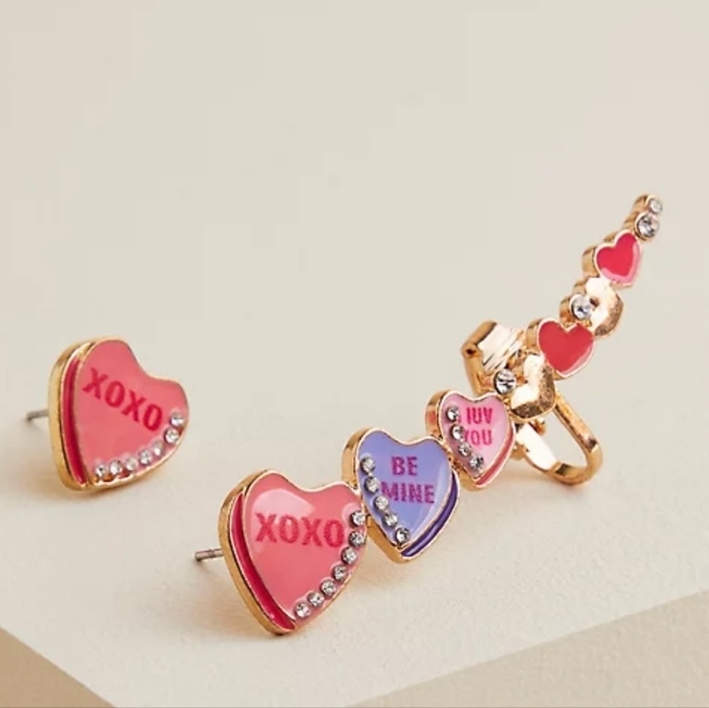 🆕️🩷💜SWEET TART LOVE HEARTS EAR CRAWLER & STUD EARRING SET💜🩷